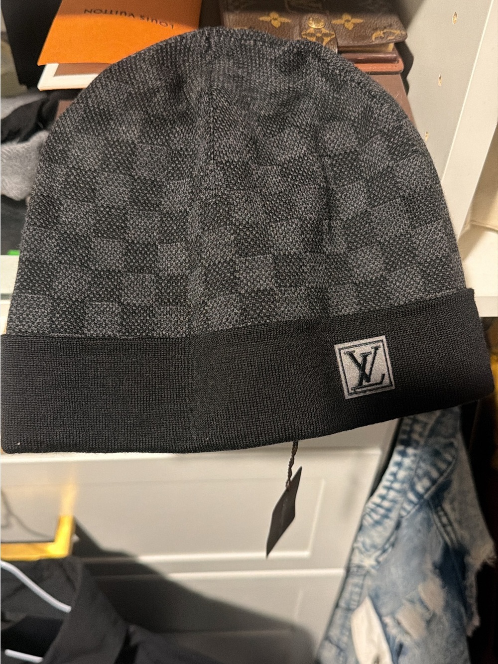 Louis Vuitton Black & Gray Checker Knit Beanie
